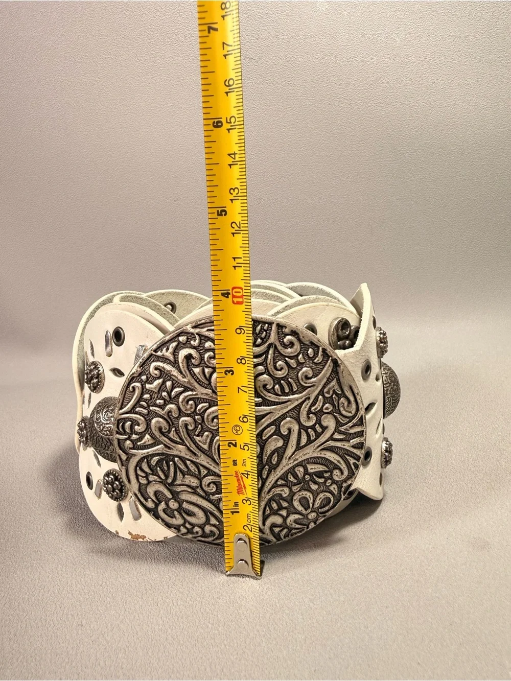 Vintage White Leather Wide Decorative Disc Belt with Silver Accents